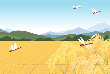 秋の稲田と赤トンボのイラスト © sozai-koyomi