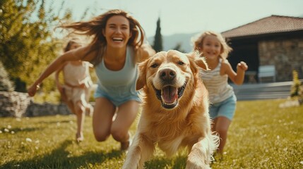 joyful family playing with their pet dog in a spacious backyard, running around and laughing with bright smiles
