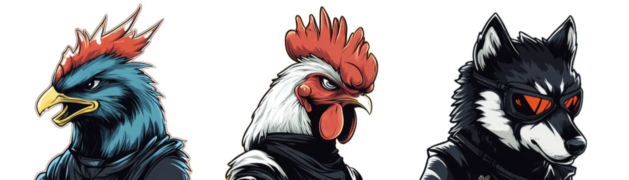 Of Fantasy Football Mascots. Includes a Rooster. Themed French Mascot, a Goal. Striking Robot, and a Black and White Wolf Head Illustration.. Isolated on a Transparent Background. Cutout PNG.