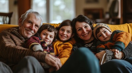 warm family moment at home, with everyone sitting on the couch, smiling and looking directly at the camera