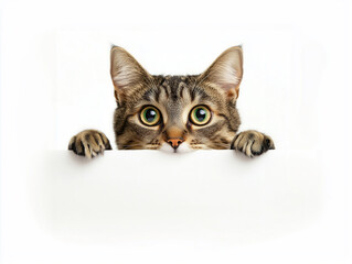 Cute cat hiding behind a whiteboard and looking up