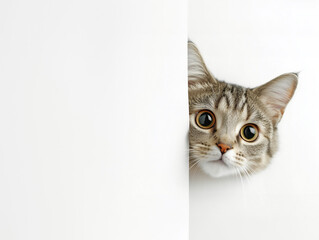 Cute cat hiding behind a whiteboard and looking up