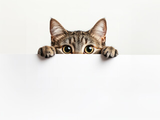 Cute cat hiding behind a whiteboard and looking up