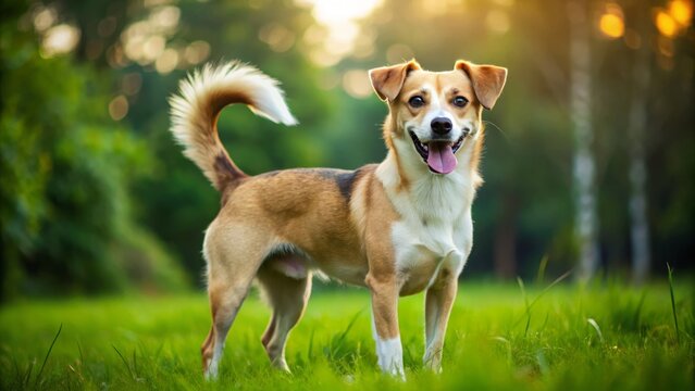 A joyful mixed-breed dog with stumpy legs and a whip-like tail stretches on the lush green grass, beaming