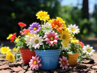 Fototapeta premium Excellent Many colorful flowers in the vase with gift boxes on wooden table