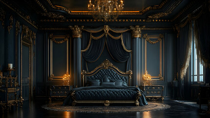 Obraz premium A luxurious bedroom with a large bed, black walls, and gold trim.