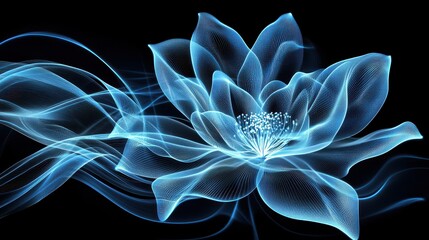Obraz premium A glowing blue flower dissolving into abstract lines, creating a futuristic sense of motion and digital technology on a dark background