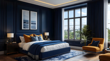 A luxurious bedroom with a large window, a king-size bed, blue and gold decor, and a comfortable armchair.