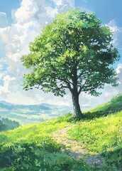 Obraz premium Tree on Grass with Green Leaves and Blue Sky