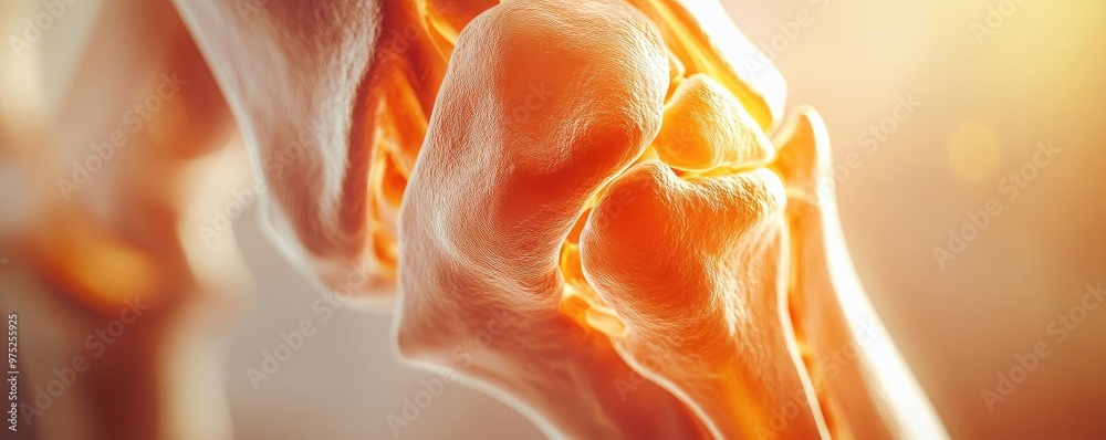 Poster close-up of a human knee joint highlighting its intricate structure and functions in a vibrant, deta