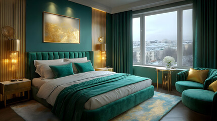 A luxurious bedroom with emerald green walls and bedspread, gold accents, and a large window overlooking a city skyline.