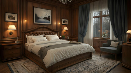 A luxurious bedroom with wooden paneling, a large bed with plush bedding, a window overlooking a snowy forest, and a comfortable armchair.