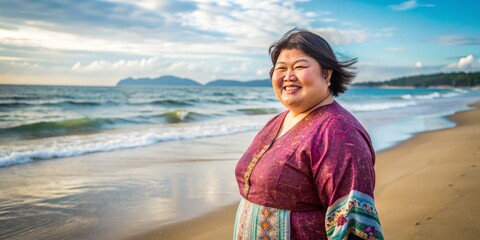 A plus-sized Asian woman in traditional attire radiates warmth and contentment as she basks in the sun's gentle