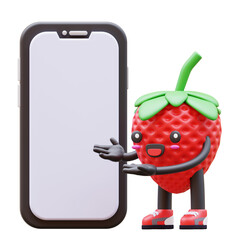 3D Strawberry character holding blank smartphone screen suitable for mobile app promotional designs and digital content