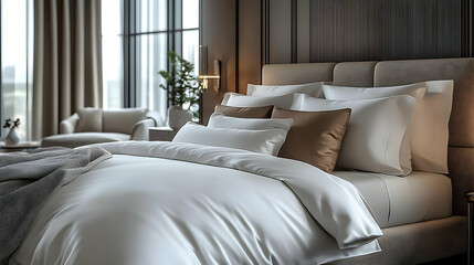 A luxurious, minimalist bedroom with a plush white bed, brown headboard, and modern decor.