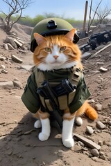 orange cat in world war 3 wearing protection armor. survival for fittest. Generative AI