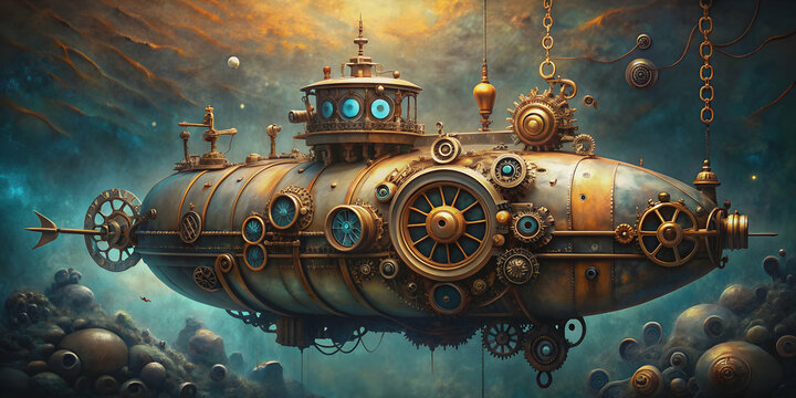 Steampunk submarine in a vintage style with gears and pipes, steampunk, submarine, vintage, retro, gears, pipes