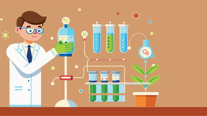 Cartoon scientist in lab coat holding flask, surrounded by test tubes, beakers, and a potted plant. Colorful scientific equipment illustration.