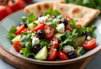 Fresh Mediterranean salad with cucumbers, tomatoes, olives, and feta served with pita bread on a wooden board. Generative AI