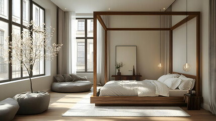 A minimalist bedroom with a canopy bed, large windows, and a fluffy rug.