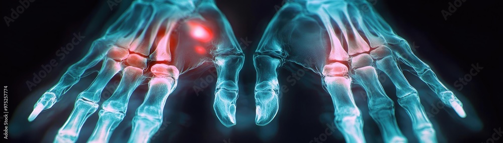 Poster x-ray image of human hands highlighting joint pain, showcasing skeletal structure with emphasis on h