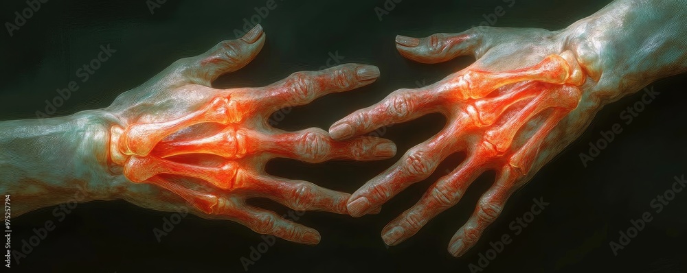 Poster an artistic depiction of human hands showcasing intricate bone structures and glowing tendons, illus