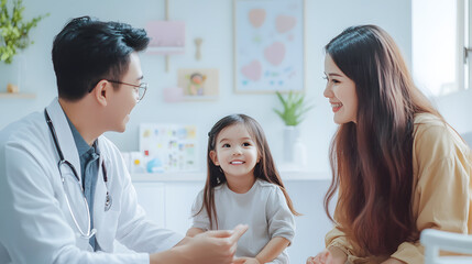 Fototapeta premium Caring Pediatrician Interacting with Child and Family in a Welcoming Clinic