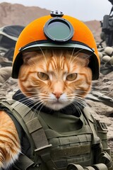 orange cat in world war 3 wearing protection armor. survival for fittest. Generative AI