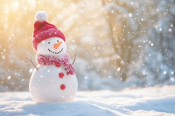 Obraz premium Cheerful snowman in a winter wonderland celebrating Merry Christmas and Happy New Year with a snowy background