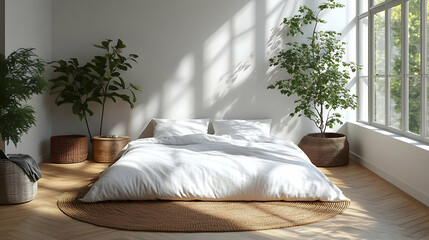 A minimalist bedroom with a large bed, white linens, and a natural woven rug. Sunlight streams through a large window behind the bed.