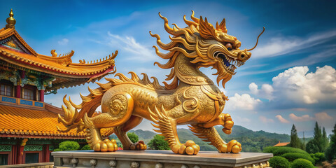 Fototapeta premium Majestic qilin statue in traditional Chinese art style, qilin, mythical creature, statue, Chinese art, majestic