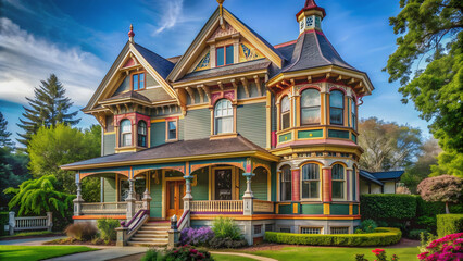 Victorian home with vibrant, intricate trim , Victorian, home, colorful, ornate, architecture, vintage, historic