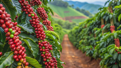 Obraz premium Coffee plantation featuring rows of vibrant green coffee trees with ripe red coffee berries, coffee, plantation, trees, vibrant
