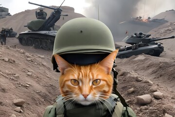 orange cat in world war 3 wearing protection armor. survival for fittest. Generative AI
