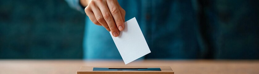 Obraz premium Close-up of a hand dropping a ballot into a voting box, voting, civic participation.