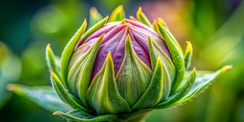 A tightly closed flower bud, nestled among green leaves, prepares to burst forth into radiant bloom, showcasing its