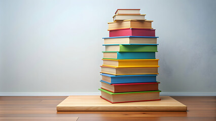 Podium displaying a stack of colorful books, education, learning, knowledge, literature, presentation, library, studying