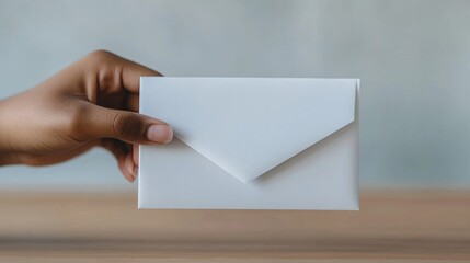 Fototapeta premium Close-up of a hand sealing an envelope with a mail-in ballot, mail-in voting, voting from home.
