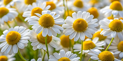 Fototapeta premium Close up of Matricaria recutita (chamomile) flowers with white petals and yellow centers