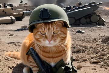 orange cat in world war 3 wearing protection armor. survival for fittest. Generative AI