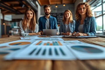 Business Team Meeting with Charts and Graphs on Wooden Table