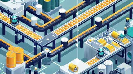 An illustrated production line with conveyor belts moving cans through various stages