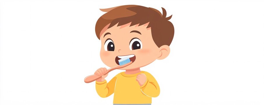 recommend clip art: Happy boy brushing teeth with toothbrush in bathroom