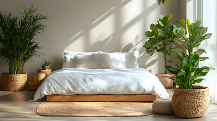 A minimalist bedroom with a white bed, wooden frame, and large plants in wicker pots, bathed in sunlight.