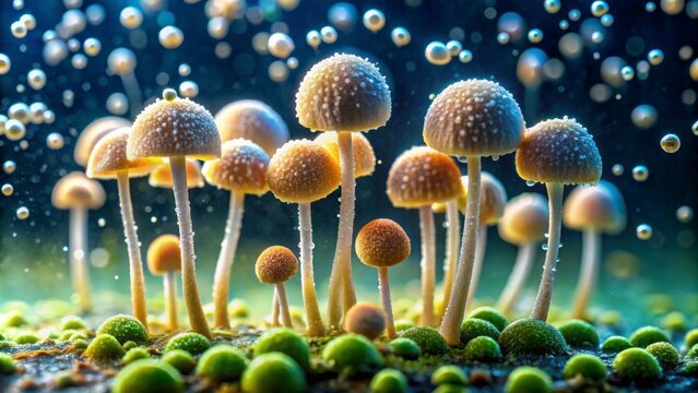 Basidiospores, resembling miniature mushrooms, germinate on a moist surface under microscopic observation, sprouting