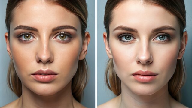 Before rhinoplasty surgery, her nose appears slightly bulbous, with a downward curving tip and a slightly misshapen