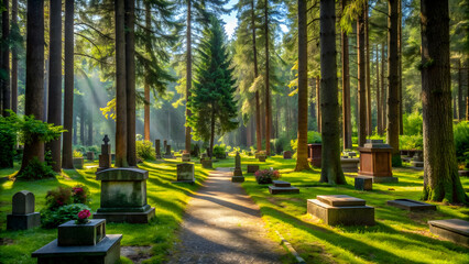 Obraz premium Peaceful forest cemetery surrounded by tall trees and greenery, Waldfriedhof, nature, cemetery, burial ground, peaceful