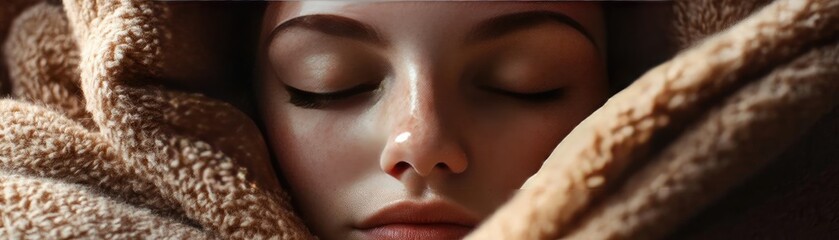 A serene close-up of a peaceful face wrapped in a cozy blanket, expressing tranquility and comfort.