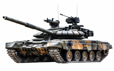 A large military tank with a camouflage pattern on its side