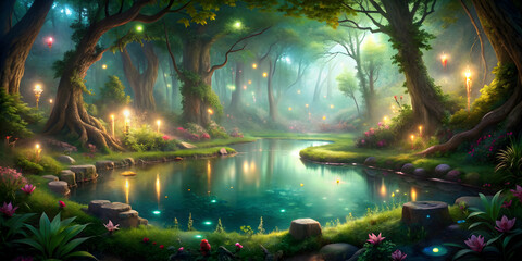 Fototapeta premium Enchanted fairy woods pond with mystical atmosphere , fairy, woods, pond, enchanted, magical, nature, forest, whimsical